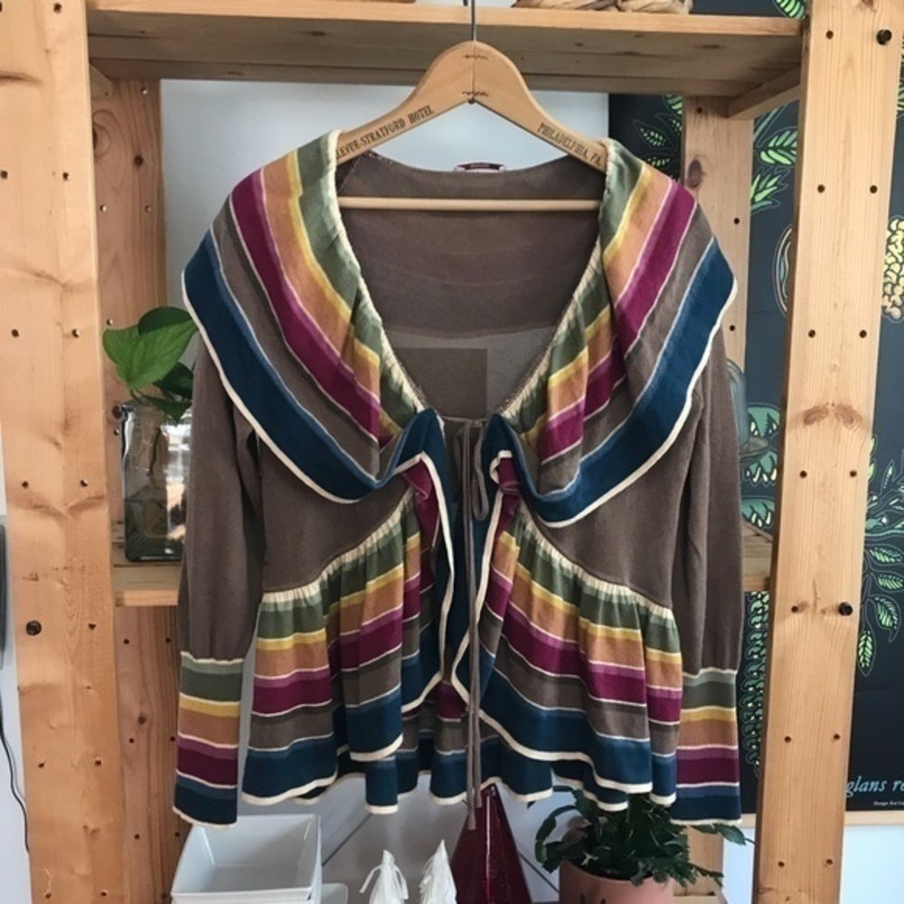 Kenzo Brown Colorful Stripe Ruffle Peplum Tie Front Cardigan Sweater Small - Picture 3 of 16